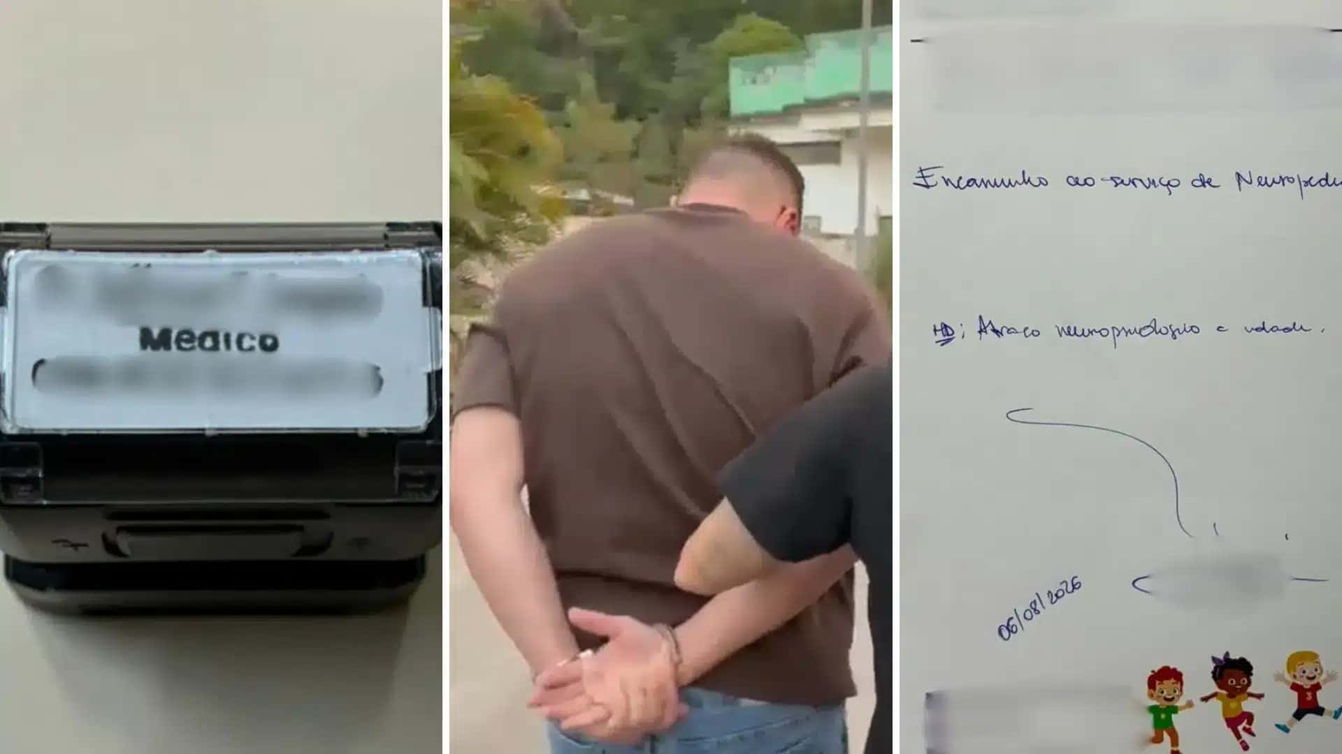Montagem da polícia prendendo falso médico que atendia criança com tumor cerebral no Rio