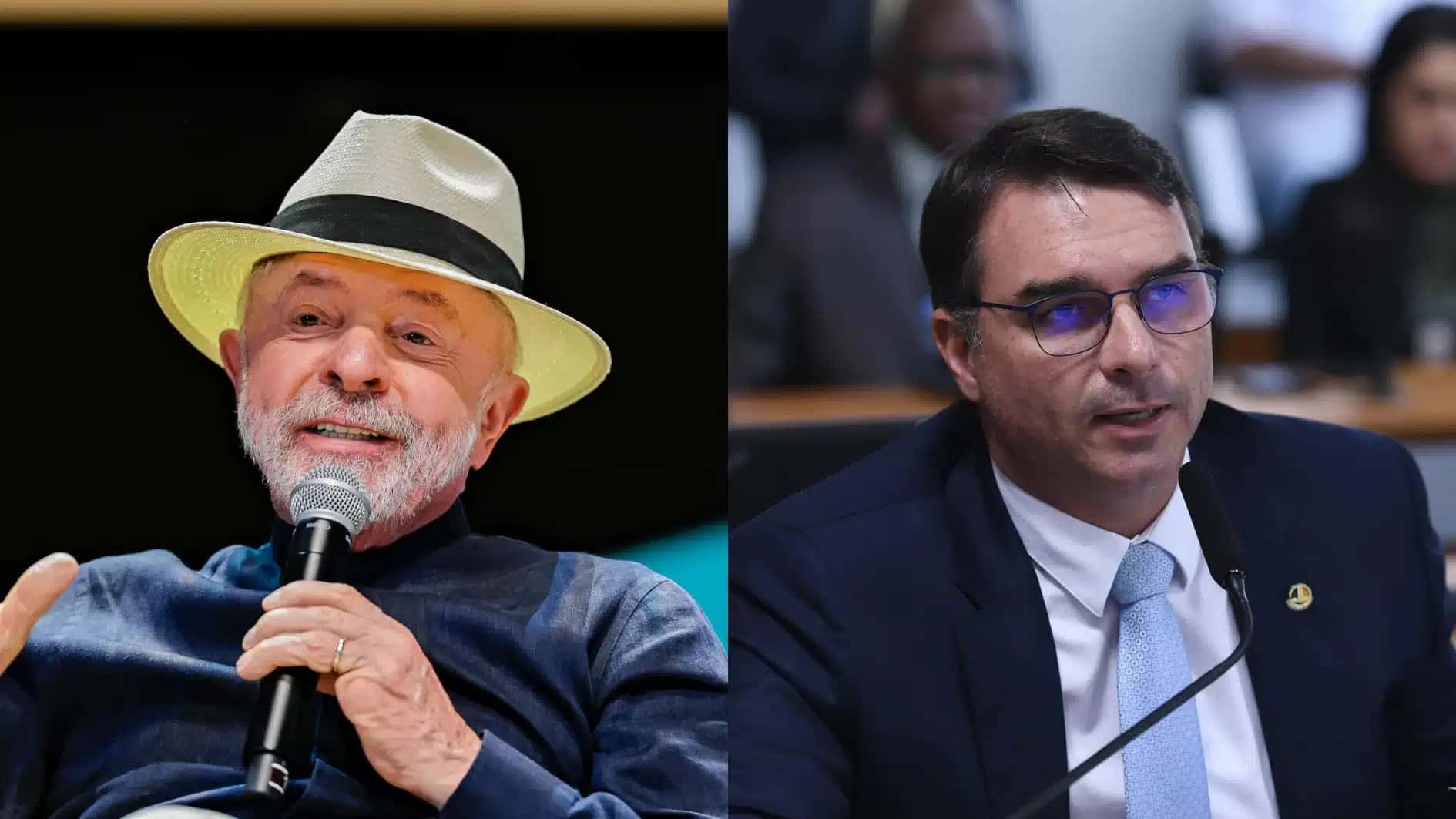 O presidente Luiz Inácio Lula da Silva (PT), à esquerda; o senador Flávio Bolsonaro (PL), à direita