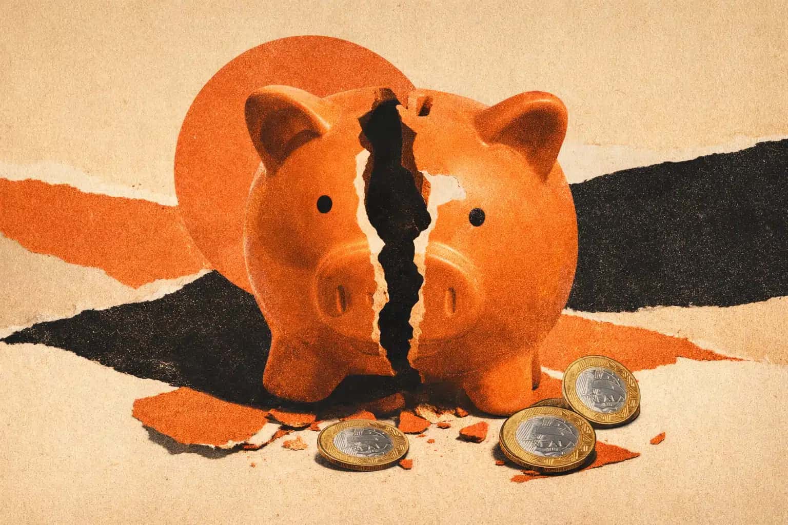 porco cofrinho rachado no meio e moedas caídas no chão